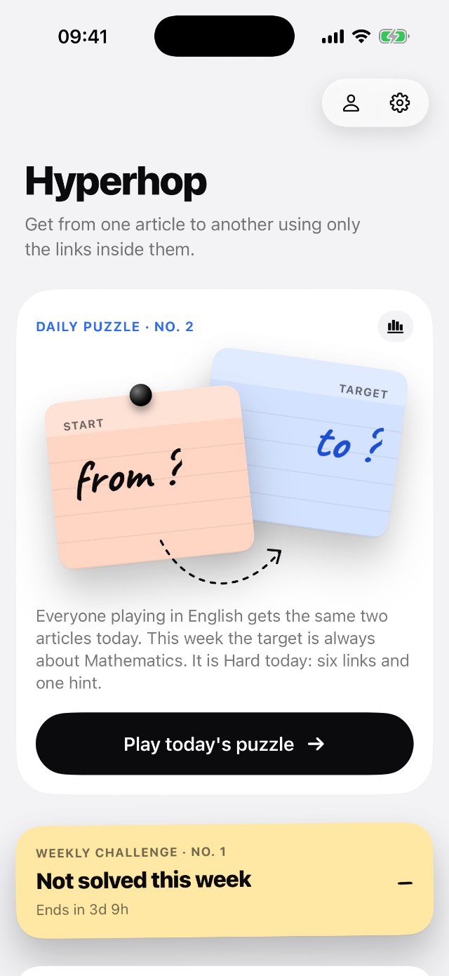 Hyperhop home screen with today's daily puzzle and the weekly challenge