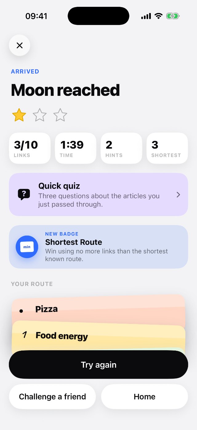 Result screen: Moon reached in 3 of 10 links, with your route